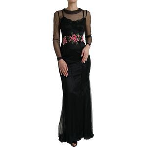 Dolce & Gabbana Black Floral Embroidery Mesh Tulle Gown Women's Dress